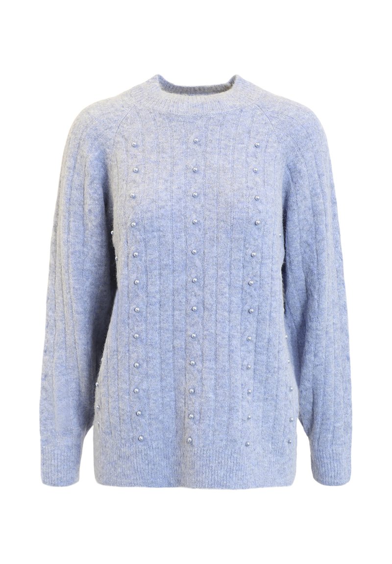 Ljusblå tröja med ribbad struktur och dekorativa pärl-accenter i vertikala rader. Klassisk rund halsringning och långa ärmar.