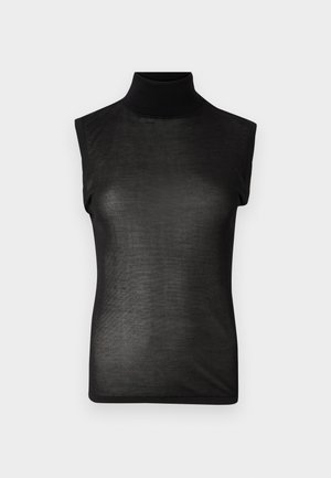 Haut à col roulé sans manches noir en tissu transparent, présentant un col haut et une silhouette ajustée, avec une texture lisse.