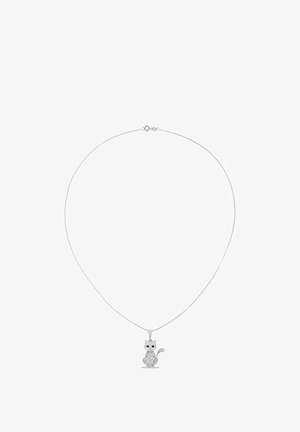 Hõbedast kaelakee kassikujulise ripatsiga, millel on mustad silmad ja peal dekoratiivsed mustrid. Kett on õhuke ja sile.