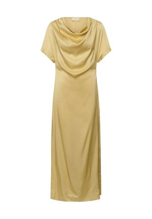 Arany szatén midi ruha rövid ujjakkal, laza, csordult nyakkivágással és egyenes sziluettel.