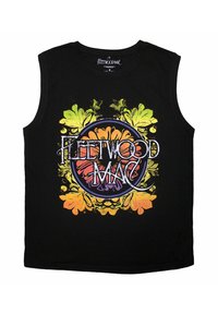 Black sleeveless tank top featuring a colorful floral and circular graphic design with the text "Fleetwood Mac" in bold letters. Cotton material.