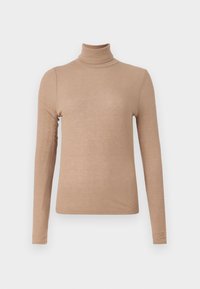 Beige genser med høy hals laget av ribbestrikket stoff, med lange ermer og en tettsittende fasong. Ingen synlige mønstre eller detaljer.