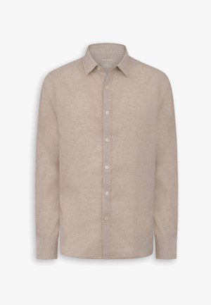 Beigenvärinen, pitkähihainen, napitettava pellavasekoitepaita, jossa kaulus ja hihansuut, koko large, merkki Dan John.