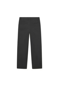 Black trousers with a straight-leg design, smooth fabric texture, two back pockets, and a tailored waistband. No visible patterns or accents.