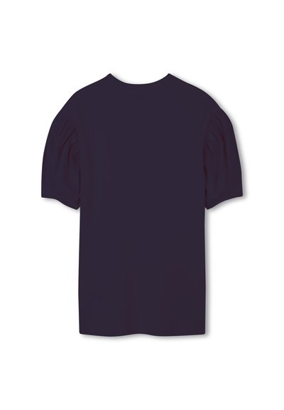 Navy blue short-sleeve t-shirt with a round neckline and puffed sleeves, featuring a smooth texture and a relaxed fit.