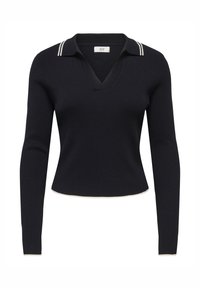 Pull en maille côtelée bleu marine avec un col en V et des manches longues. Présente un col et un bas à rayures blanches contrastantes.