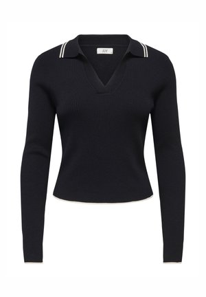 Marineblauwe geribbelde trui van gebreide stof met een V-hals en lange mouwen. Heeft een contrasterende witte gestreepte kraag en zoomdetail.