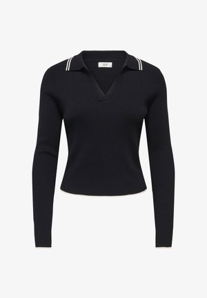 Marineblauwe geribbelde trui van gebreide stof met een V-hals en lange mouwen. Heeft een contrasterende witte gestreepte kraag en zoomdetail.