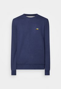 Navy blue sweatshirt with a classic crew neck, long sleeves, and ribbed cuffs. Features a small, colorful embroidered design on the chest.
