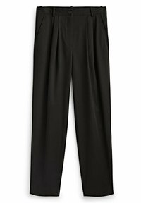 Svarta byxor med plisserad front, slät tygstruktur, en enkel knäppning och två sidofickor med rak benvidd.