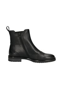 Schwarze Leder-Stiefelette mit seitlichem Reißverschluss, dekorativen Broguedetails, Zuglasche hinten und niedrigem Blockabsatz auf weißem Hintergrund.