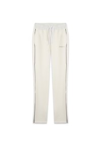 Pantalons de survêtement beige clair en tissu doux, dot�és d'une taille à cordon, de bandes latérales noires et d'un petit logo "FREDDY" sur le devant.