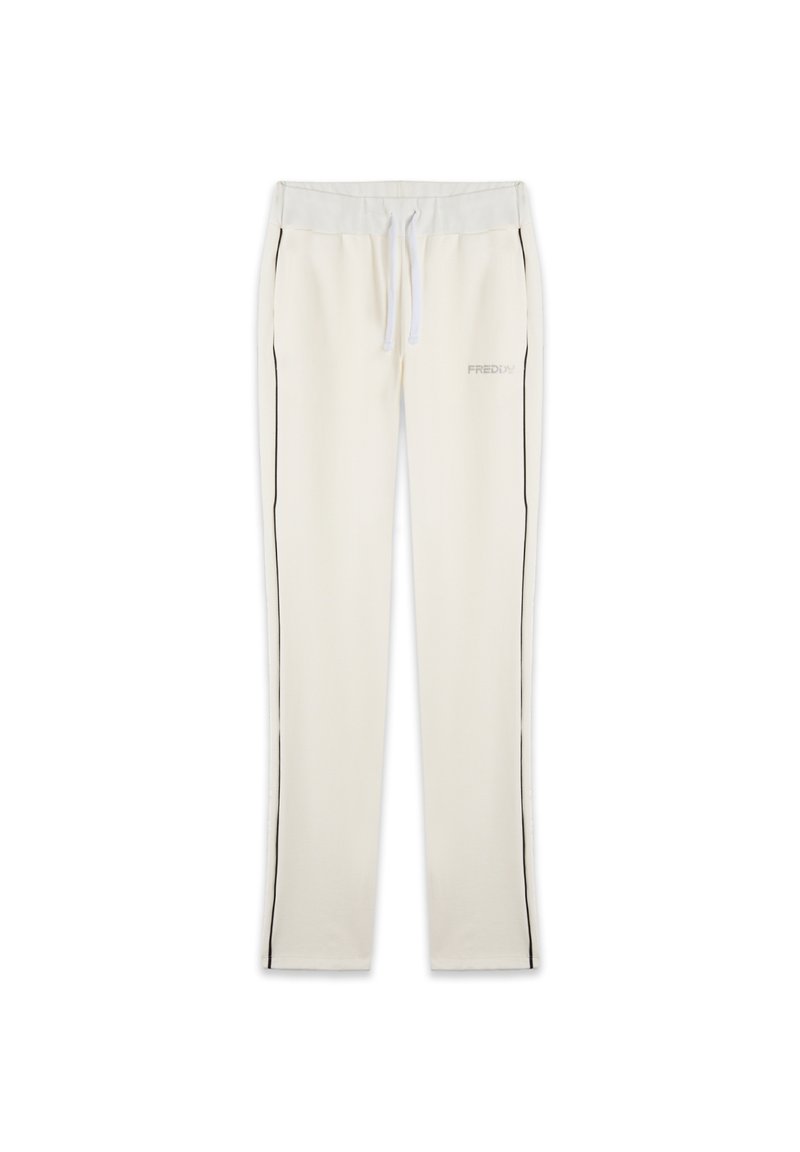 Pantalons de survêtement beige clair en tissu doux, dotés d'une taille à cordon, de bandes latérales noires et d'un petit logo "FREDDY" sur le devant.