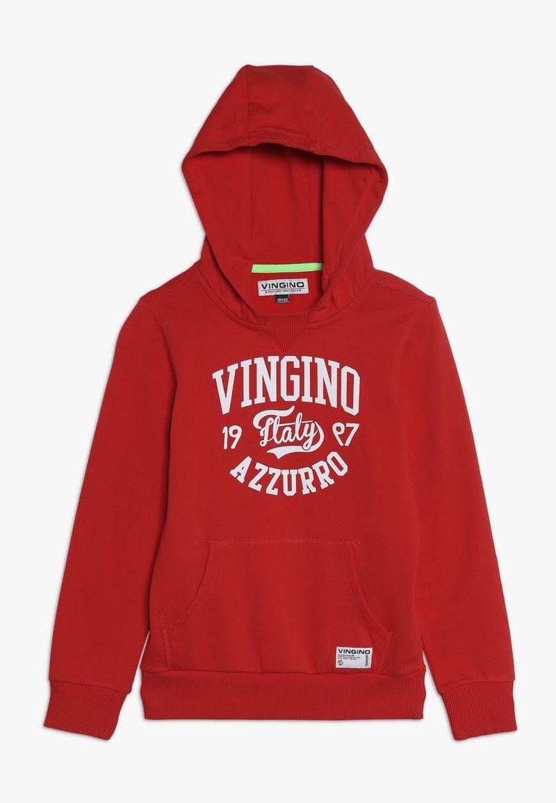 Sweat à capuche rouge avec poche avant, texte blanc "VINGINO Italy 1987 AZZURRO", poignets et ourlet côtelés, présenté sur fond blanc.