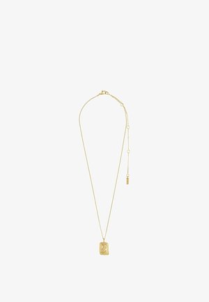 Guldfarvet halskæde med en rektangulær vedhæng med et struktureret design. Kæden er fin med justerbar længde og små dekorative hardware.