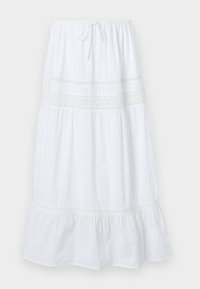 Vit lager-midi kjol med elastisk midja, knytframsida och spetsdetaljer på övre och nedre sektioner.