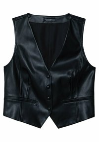 Zwart faux leren vest met een V-hals, zes knopen aan de voorkant en twee zijzakken. Heeft een gladde textuur en een mouwloos ontwerp.