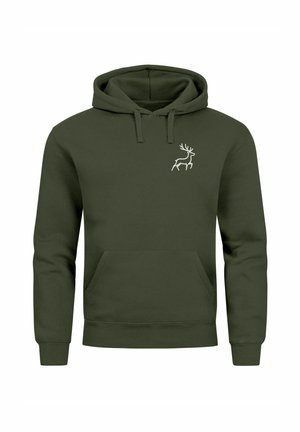 Olive green hoodie made of soft fabric, featuring a kangaroo pocket and a white deer logo on the left chest area. Regular fit.