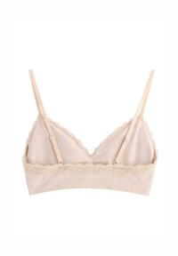 Bralette rosa chiaro realizzato in tessuto morbido, con bordo di pizzo scallop lungo il scollo e fascia a coste. Include spalline regolabili.