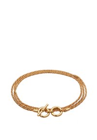 Armband in Gold-Optik mit geflochtenem Metalldesign, doppelten Strängen und einem Toggle-Verschluss mit kreisförmigen Akzenten. Durchgehend glatte Textur.