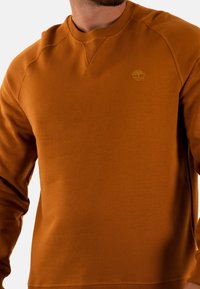 Sudadera naranja con cuello redondo acanalado, mangas largas y bordado del logo en el pecho. Tejido suave con una textura lisa.