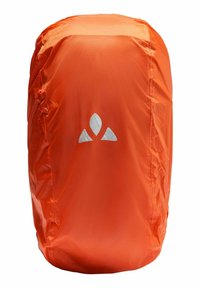 Orangene wasserdichte Rucksackabdeckung mit glatter Textur, elastischen Kanten und einem reflektierenden Logo an der Seite. Entwickelt zum Schutz gegen Regen.