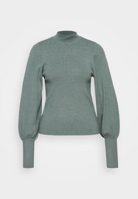 Miętowo-zielony sweter z prążkowanego dzianego materiału z wysokim kołnierzem, długimi bufkowatymi rękawami i dopasowanymi mankietami. Miękka faktura i prosty design.