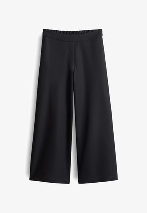 Black wide-leg pants made from a smooth, stretchy fabric. Features a comfortable elastic waistband and minimalist design without pockets.