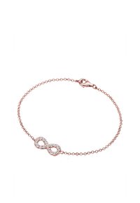 Ein roségoldenes Armband mit einem Infinity-Symbol als Mittelpunkt, verziert mit klaren Strasssteinen, ausgestattet mit einer filigranen Kette und einem Karabinerverschluss.