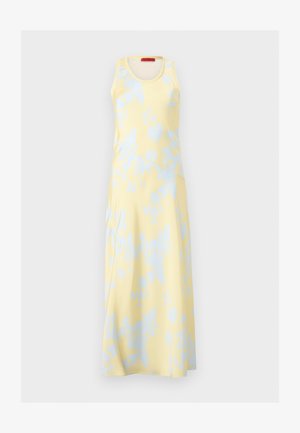 Sleeveless, long yellow dress with pale blue floral pattern and round neckline, displayed on a neutral background.