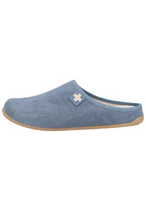Blue canvas slip-on shoe with a textured surface, rounded toe, and beige rubber sole. Features a small blue and cream logo on the side.