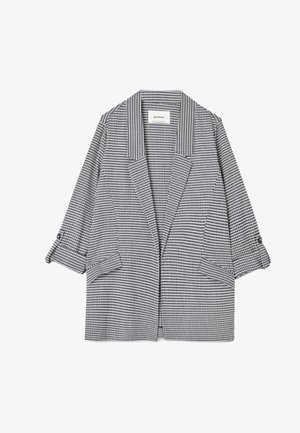 Zwart-witte geblokte blazer met driekwart mouwen, reverskraag, voorzakken en knoopmanchetten, gemaakt van lichtgewicht stof.