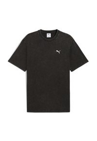 Zwarte katoenen t-shirt met een ronde halslijn, korte mouwen en een versleten textuur. Heeft een klein wit Puma-logo op de borst.