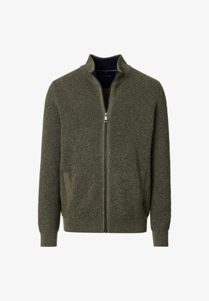 Grüner Strickpullover mit durchgehendem Reißverschluss, Stehkragen und Seitentaschen. Verfügt über ein strukturiertes Muster und enganliegende Bündchen.