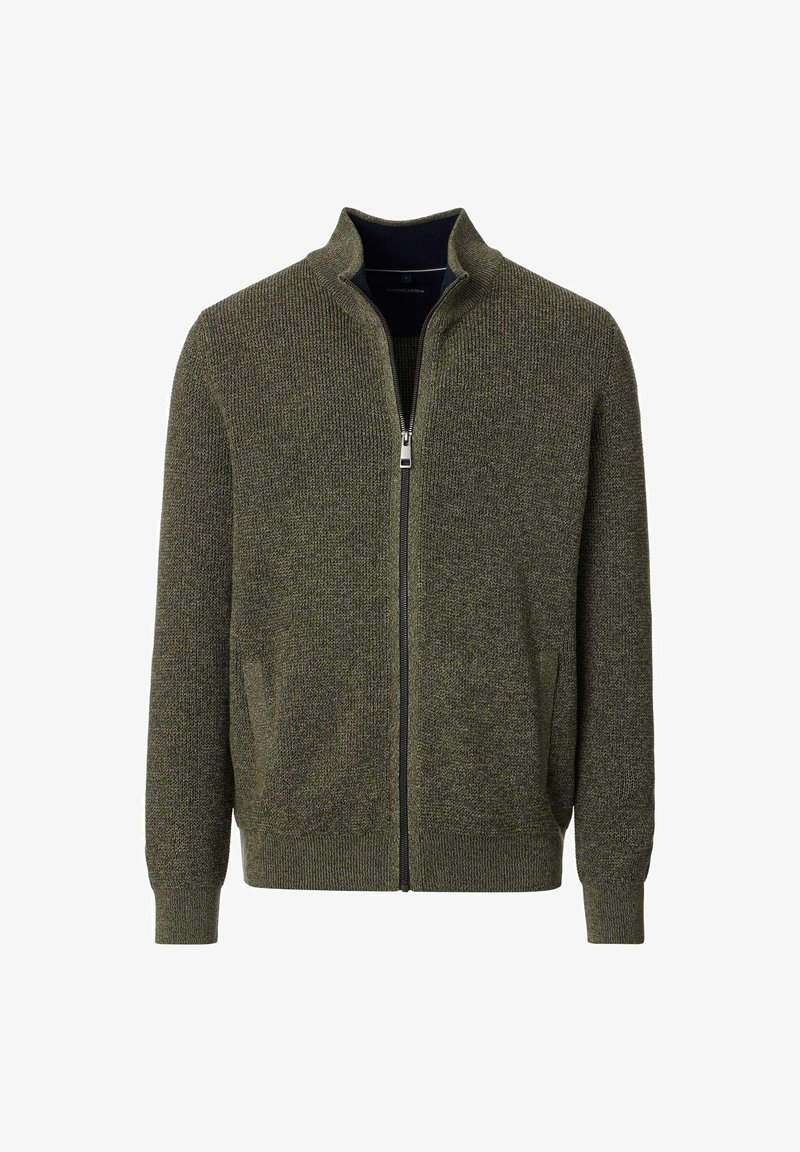 Green knitted sweater with a zip-up front, stand collar, and side pockets. Features a textured pattern and fitted cuffs.