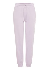 Lichtpaarse joggingbroek van zachte stof, met een elastische tailleband met trekkoord, taps toelopende pijpen en een gedrukt logo-detail.