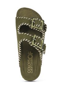 Olive green slide sandal made of suede, featuring two adjustable buckles, white stitching, and a cushioned footbed.