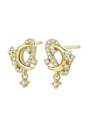 Ohrringe in Gold mit einem Schleifen-Design, verziert mit klaren Strasssteinen und hängenden Sternelementen. Glatte und polierte Oberfläche.