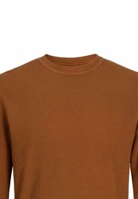 Maglietta a maniche lunghe marrone a coste con colletto rotondo, tessuto testurizzato e silhouette aderente. Un design versatile e confortevole.
