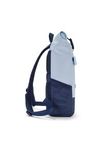 Rucsac navy și albastru deschis cu un design aerodinamic, buzunar lateral din plasă texturată, curele ajustabile și un mâner de sus.