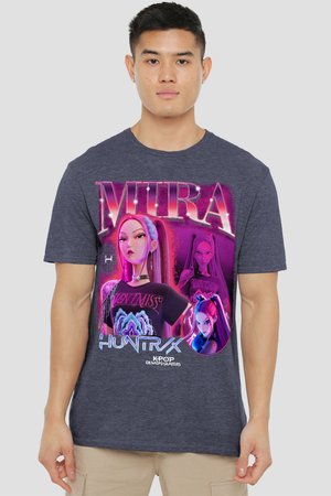 Man wearing dark gray T-shirt featuring stylized animated female characters and text "MIRA," "HUNTRIX," and "KPOP DEMON HUNTERS."