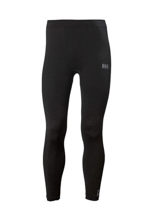 Black long thermal leggings with elastic waistband and small Helly Hansen logo on the upper thigh.