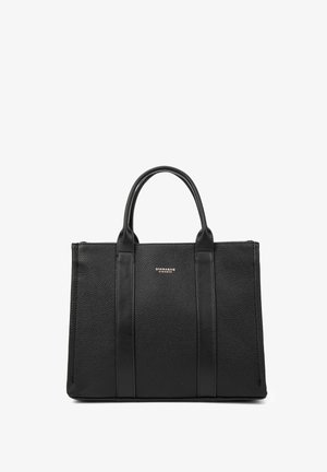 Borsa tote in pelle nera con finitura testurizzata, due manici robusti e base liscia. Presenta un sottile emblema del marchio sulla parte anteriore.