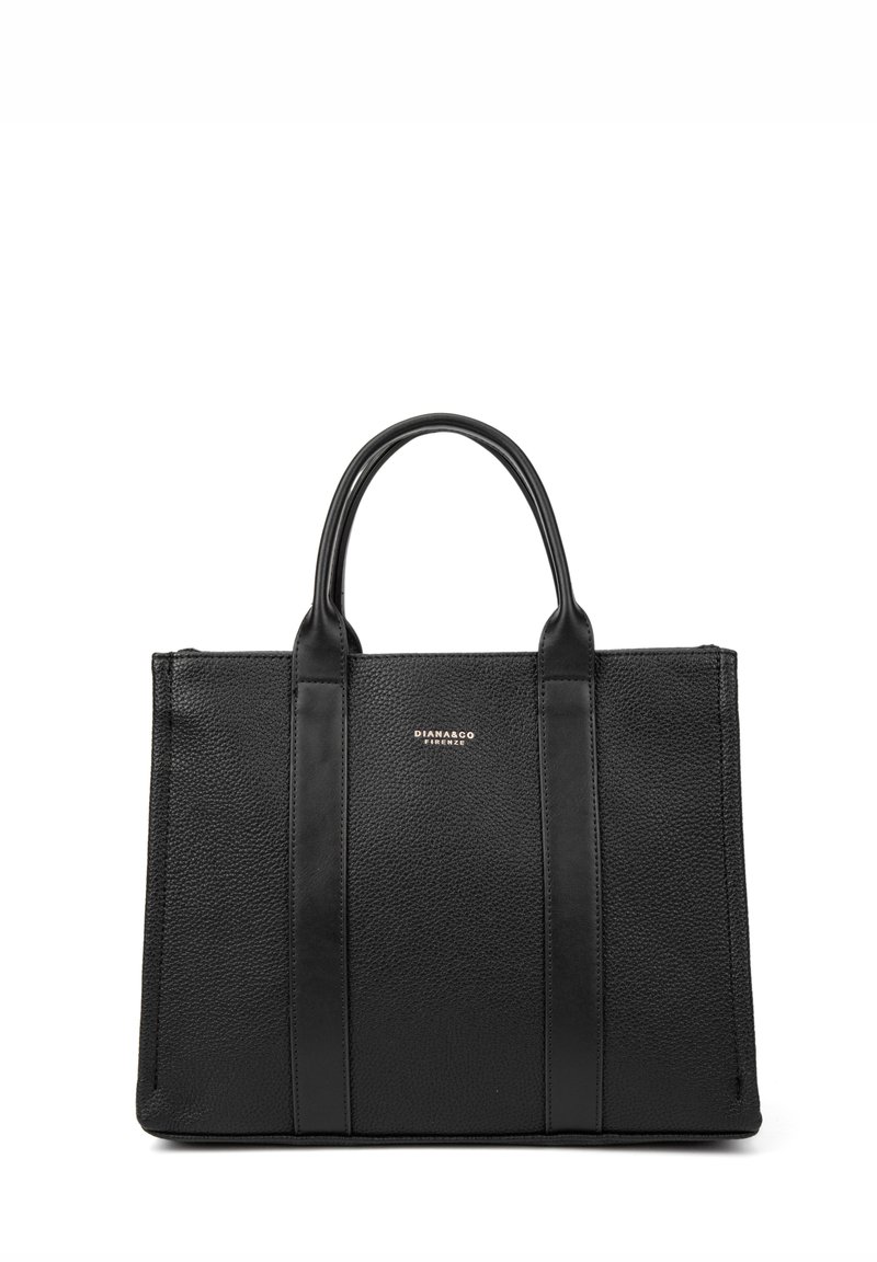 Borsa tote in pelle nera con finitura testurizzata, due manici robusti e base liscia. Presenta un sottile emblema del marchio sulla parte anteriore.