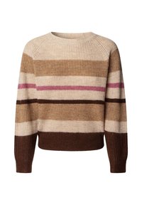 Pull en grosse maille avec des rayures horizontales beige, marron, crème et une seule rayure rose sur la poitrine et les manches.