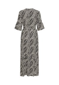 Robe longue à imprimé animalier noir et beige avec manches cloche trois-quarts et ceinture à nouer à la taille, vue de dos.