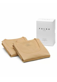 Dwie złożone beżowe koszulki bawełniane z okrągłym dekoltem i krótkimi rękawami, zapakowane w białe pudełko oznaczone napisem "FALKE Women."