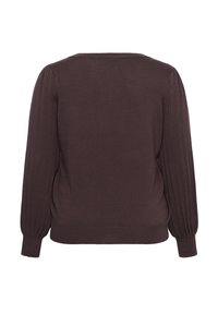 Pull à manches longues marron foncé avec manches côtelées légèrement bouffantes et larges poignets, vu de dos sur fond blanc.