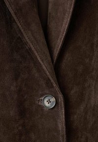 Giacca in suede marrone con colletto a punte. Presenta un pulsante rotondo a quattro fori sul davanti e una texture liscia e morbida.