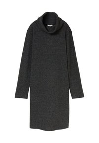 Dunkelgraues, langärmliges Strickkleid mit Schalkragen. Verfügt über eine gerade Silhouette und einen mittellangen Schnitt. Weiche Textur, keine Muster oder Akzente.